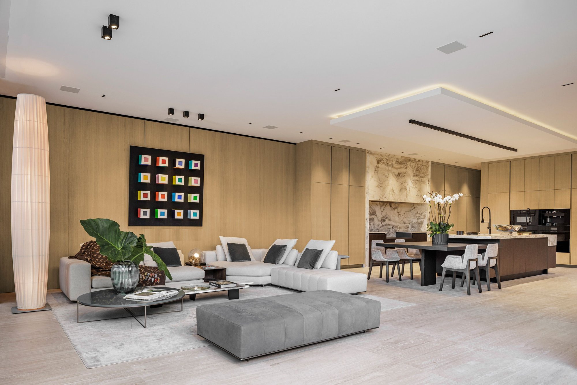 Elegant living room with custom European millwork next to kitchen with Italian cabinetry Elegant living room with custom European millwork next to kitchen with Italian cabinetry