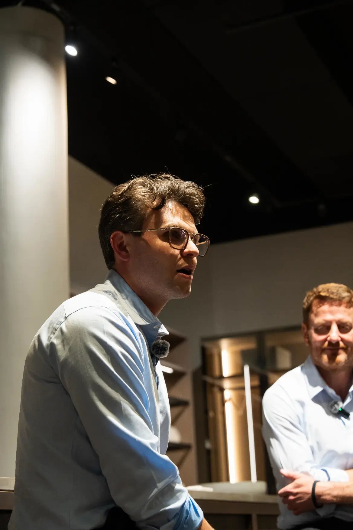 Closeup of Evan Brown of Rebar during his discussion with Gavin Myers of Prudence at ITALKRAFT's New York showroom