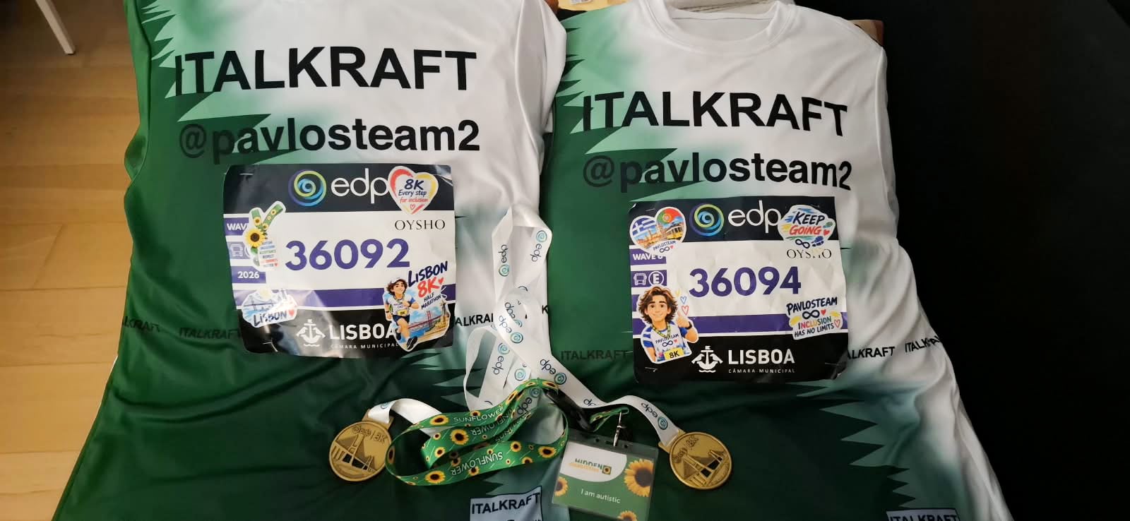 Pavlitos' ITALKRAFT-sponsored team shirts for the Lisbon EDP 2026 marathon weekend and his medals